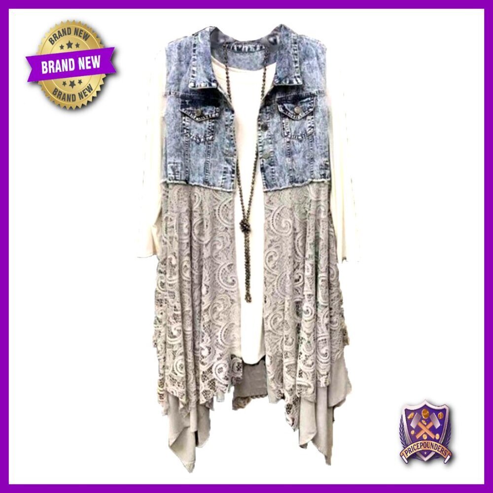 Denim Vest Sleeveless Ripped Patchwork Cardigan with Lace Hem Y2K Chic